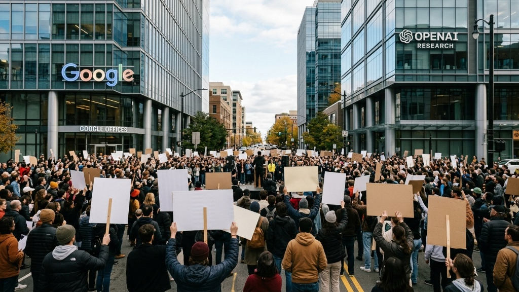Manifestantes cercam OpenAI e Google: protestos pedem pontes de governança na IA